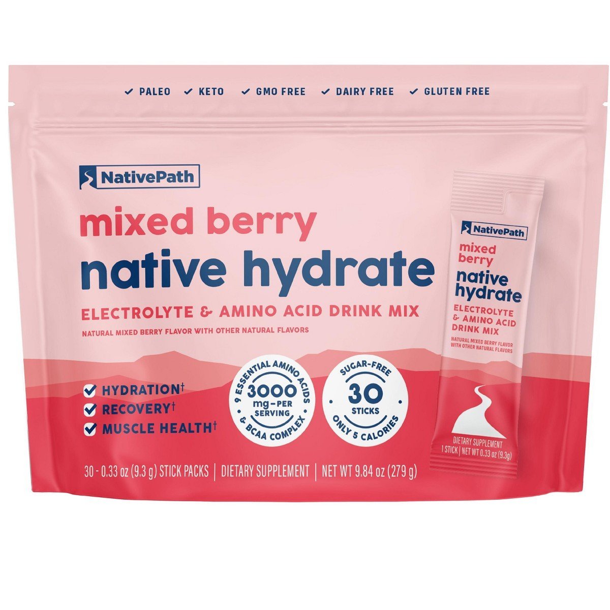 NativePath Hydrate Electrolyte Stick Packs - Zero Sugar with 2,000mg BCAAs, Mixed Berry, 30 Servings