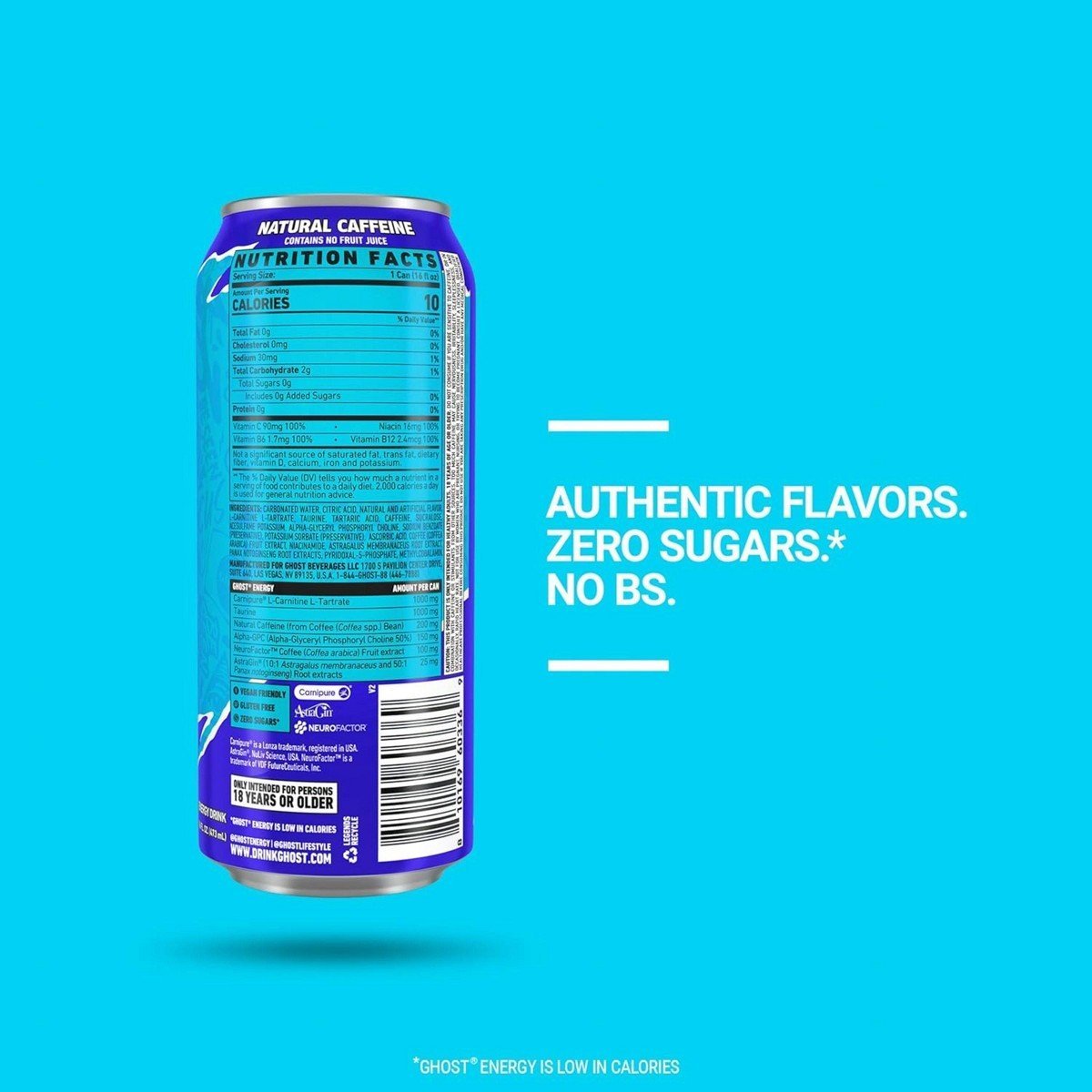 Ghost Energy Drink Blue Raspberry Single - 16 fl oz: Caffeinated - Image 3
