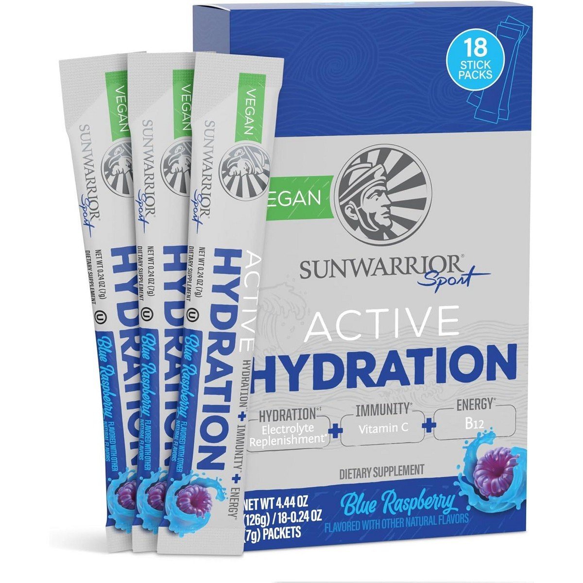 Active Hydration Blue Raspberry Powder, Sugar Free B12 Elderberry and Electrolytes Water Enhancer, Sunwarrior, 18 Sticks